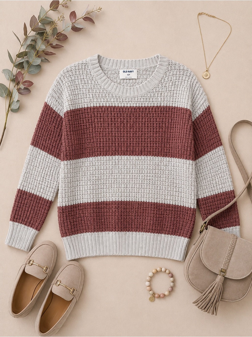 Old Navy Grey & Rust Striped Open-Knit Sweater Size Small